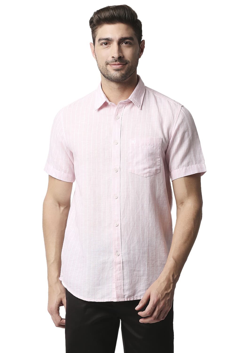 BASICS SLIM FIT COTTON LINEN STRIPE SHIRT