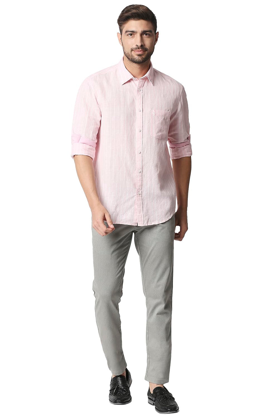 BASICS SLIM FIT CARDLE PINK COTTON LINEN STRIPE SHIRT