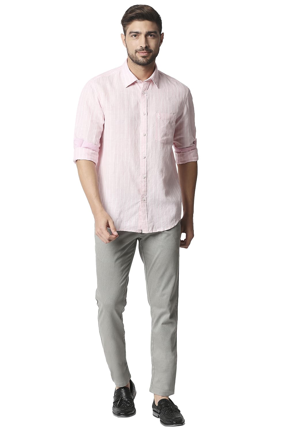 BASICS SLIM FIT COTTON LINEN STRIPE SHIRT