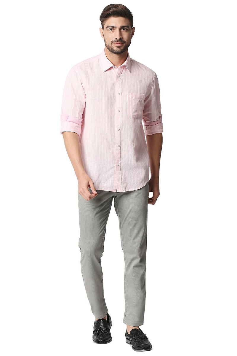 BASICS SLIM FIT COTTON LINEN STRIPE SHIRT