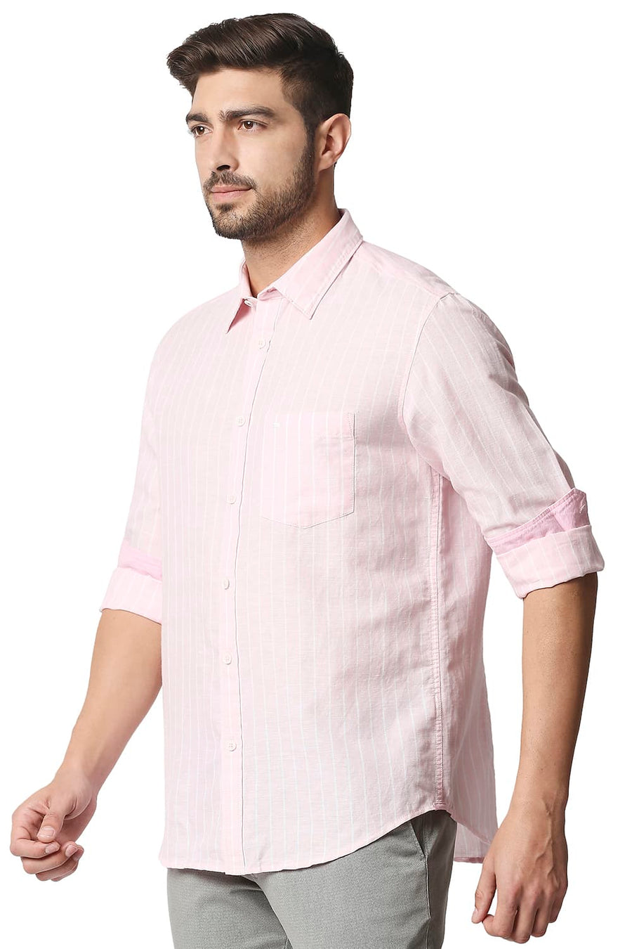 BASICS SLIM FIT CARDLE PINK COTTON LINEN STRIPE SHIRT