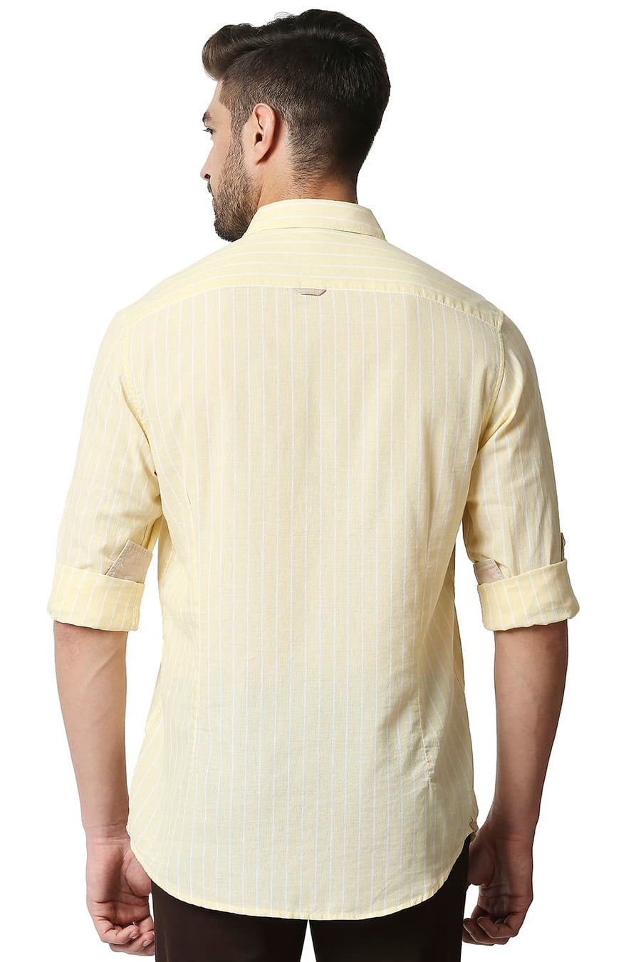 BASICS SLIM FIT GOLDEN YELLOW COTTON LINEN STRIPE SHIRT