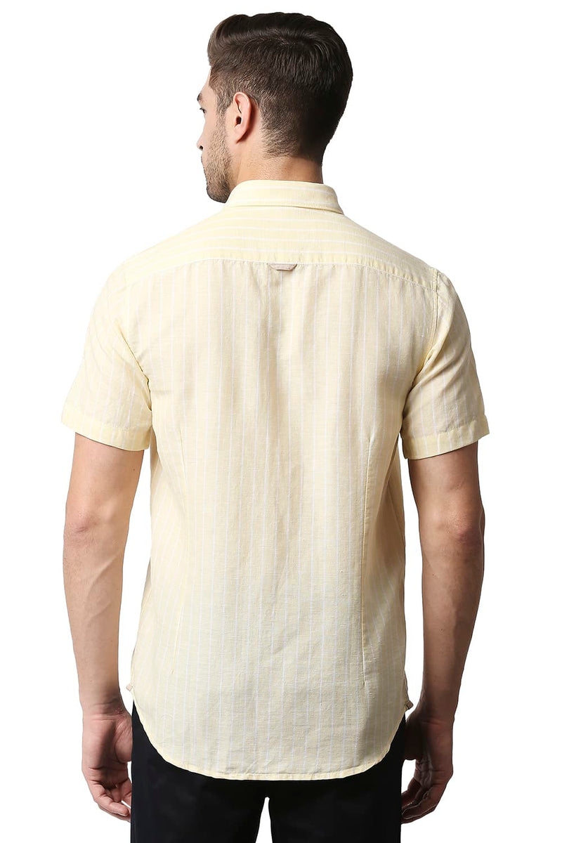 BASICS SLIM FIT COTTON LINEN STRIPE HALFSLEEVES SHIRT