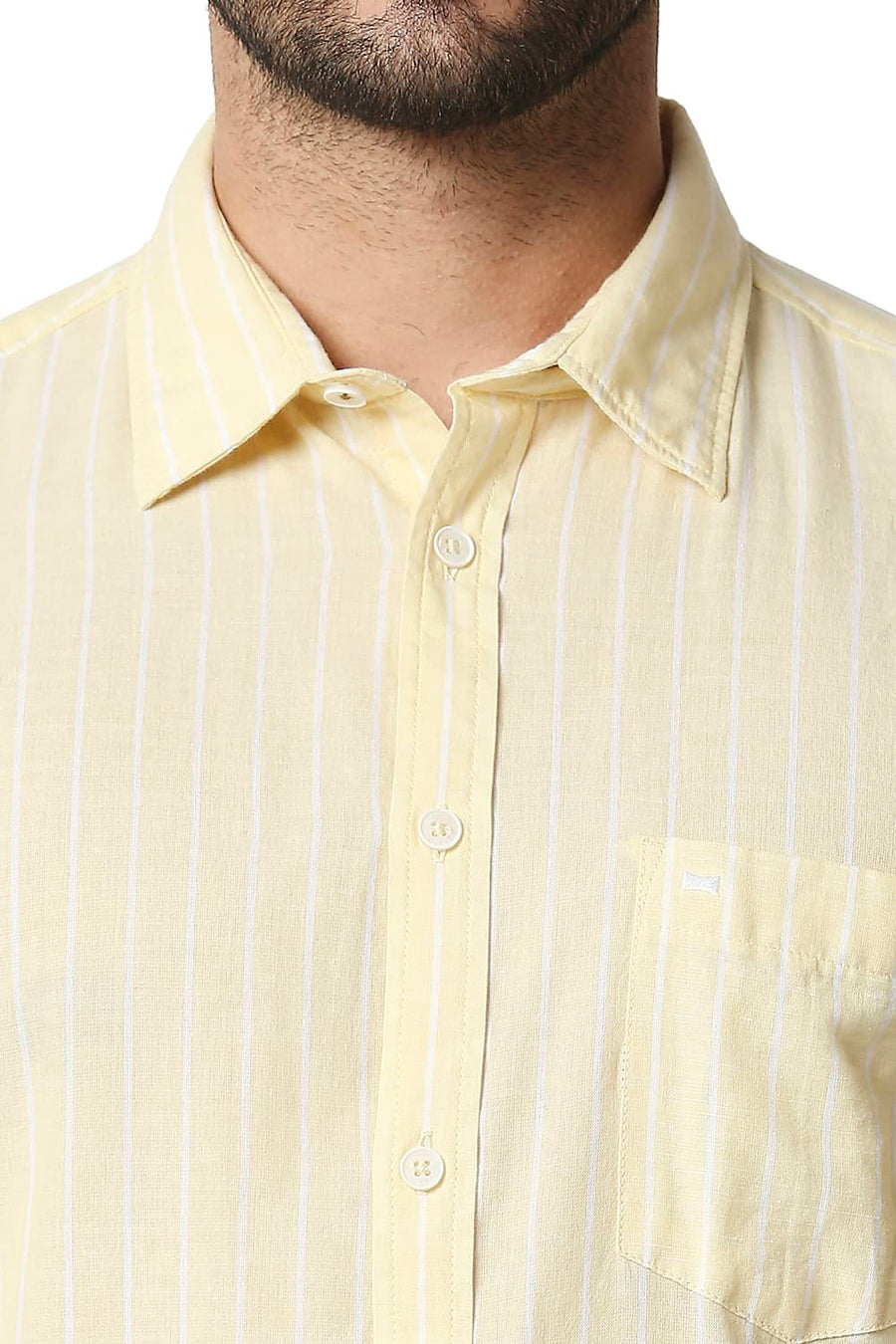 BASICS SLIM FIT GOLDEN YELLOW COTTON LINEN STRIPE SHIRT