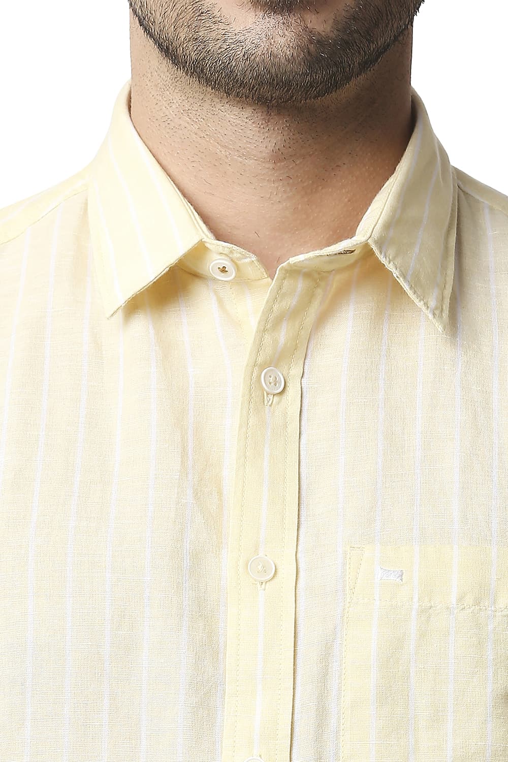 BASICS SLIM FIT COTTON LINEN STRIPE HALFSLEEVES SHIRT