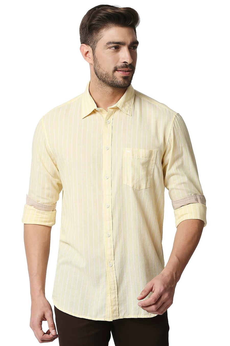 BASICS SLIM FIT GOLDEN YELLOW COTTON LINEN STRIPE SHIRT