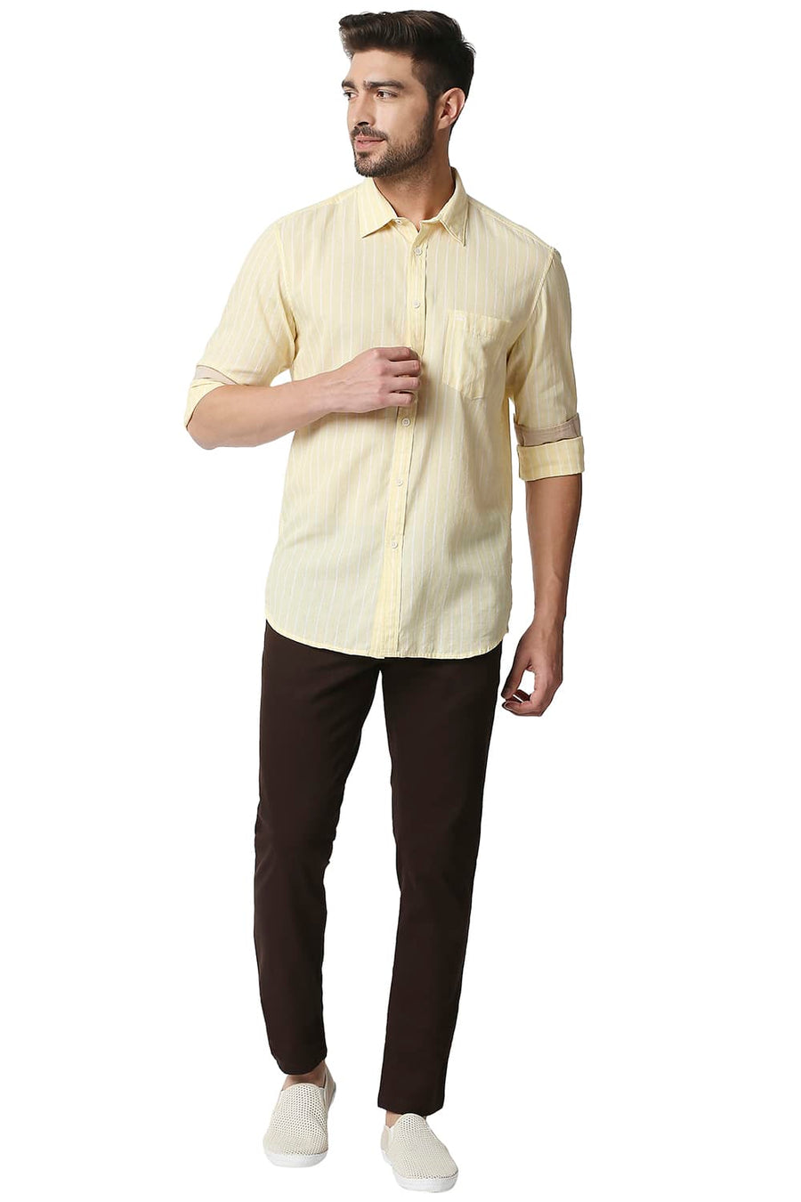 BASICS SLIM FIT GOLDEN YELLOW COTTON LINEN STRIPE SHIRT
