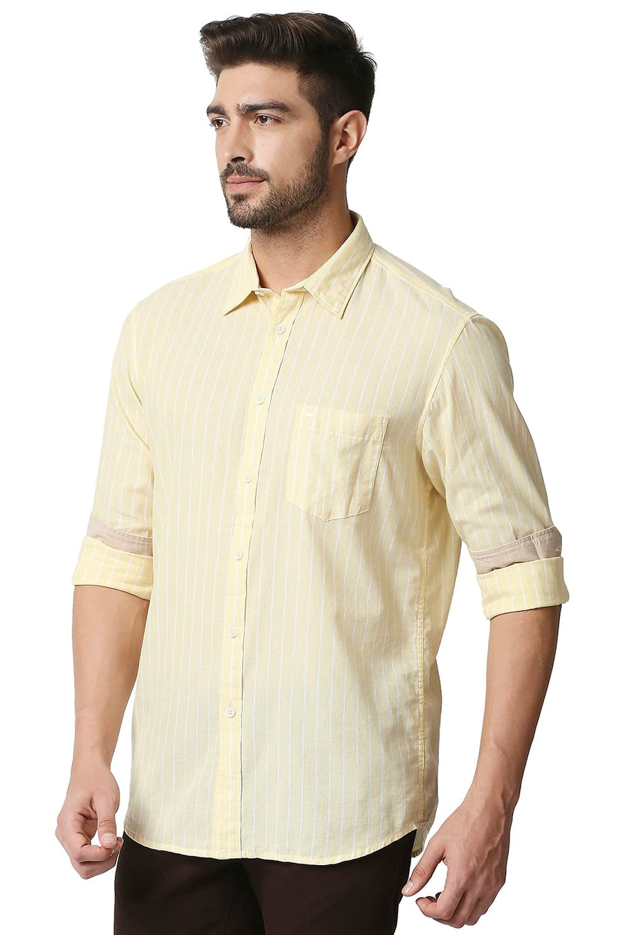 BASICS SLIM FIT GOLDEN YELLOW COTTON LINEN STRIPE SHIRT