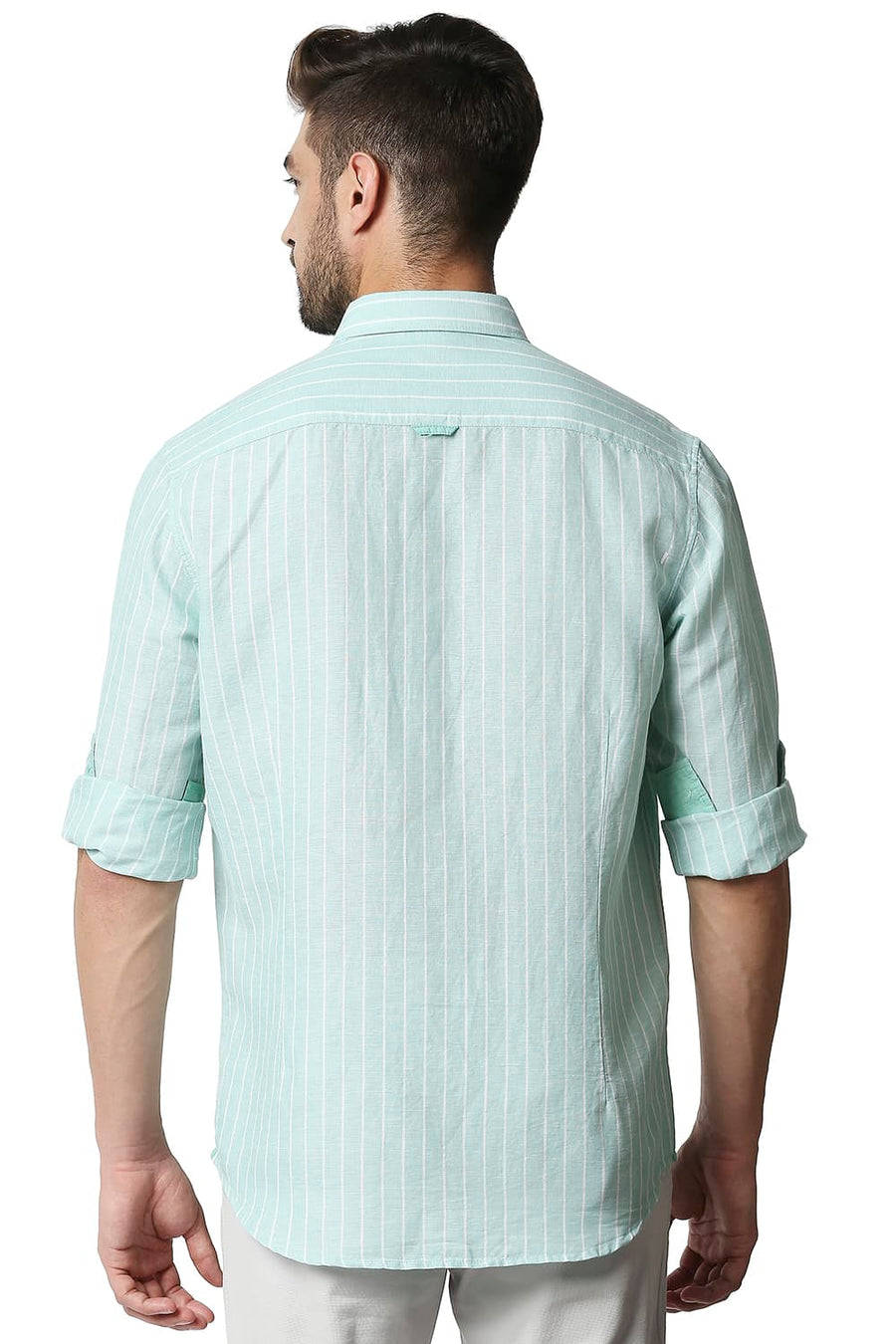 BASICS SLIM FIT OCEAN WAVE GREEN COTTON LINEN STRIPE SHIRT
