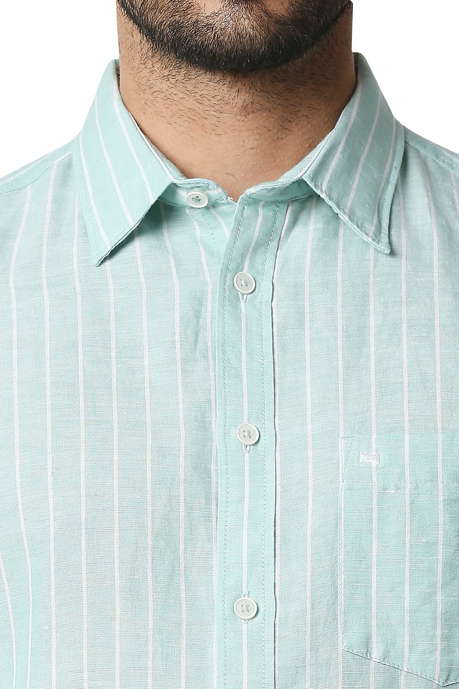 BASICS SLIM FIT OCEAN WAVE GREEN COTTON LINEN STRIPE SHIRT