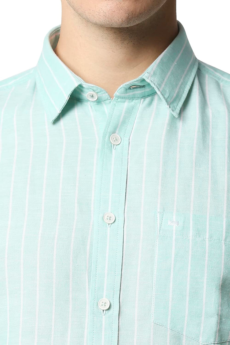 BASICS SLIM FIT COTTON LINEN STRIPE HALFSLEEVES SHIRT