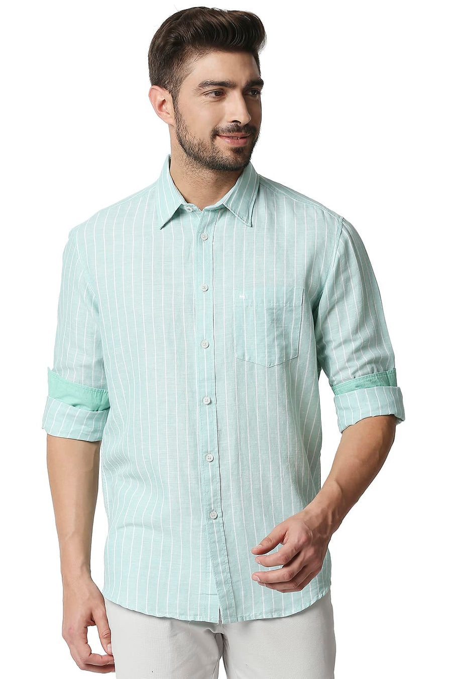 BASICS SLIM FIT OCEAN WAVE GREEN COTTON LINEN STRIPE SHIRT