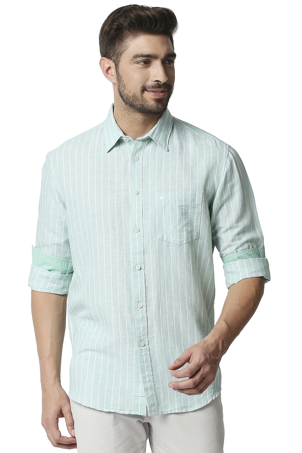 BASICS SLIM FIT COTTON LINEN STRIPE SHIRT