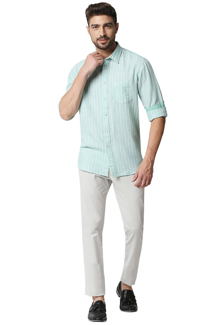 BASICS SLIM FIT OCEAN WAVE GREEN COTTON LINEN STRIPE SHIRT