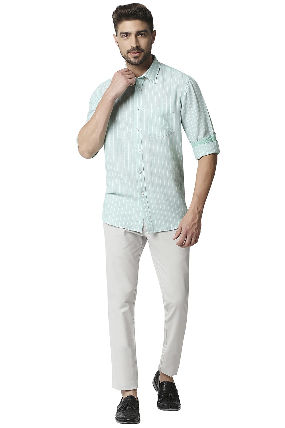 BASICS SLIM FIT COTTON LINEN STRIPE SHIRT