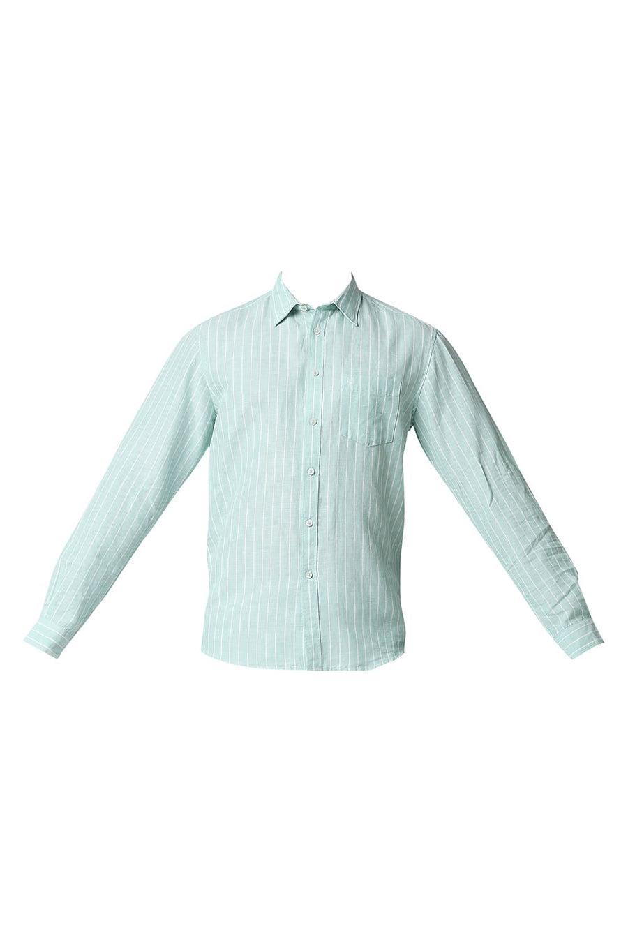 BASICS SLIM FIT OCEAN WAVE GREEN COTTON LINEN STRIPE SHIRT