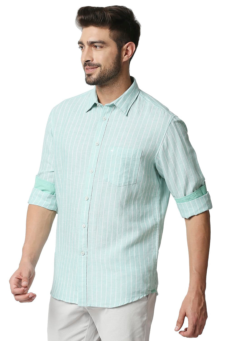 BASICS SLIM FIT OCEAN WAVE GREEN COTTON LINEN STRIPE SHIRT
