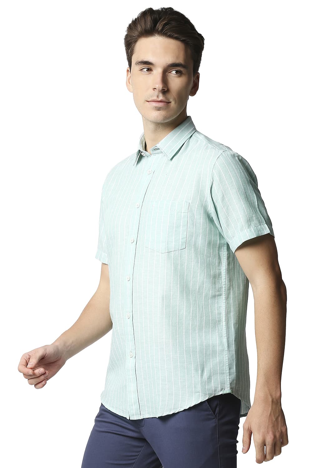 BASICS SLIM FIT COTTON LINEN STRIPE HALFSLEEVES SHIRT