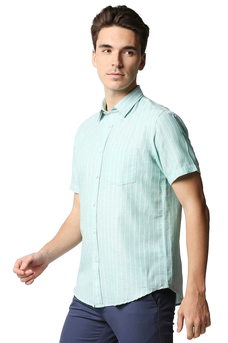 BASICS SLIM FIT COTTON LINEN STRIPE HALFSLEEVES SHIRT