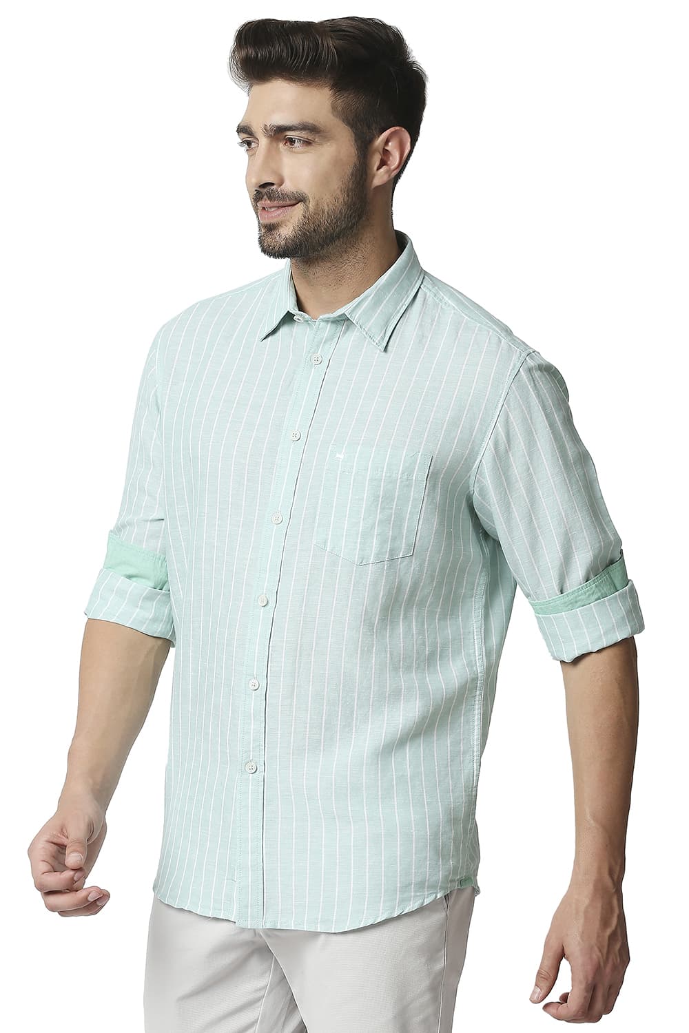 BASICS SLIM FIT COTTON LINEN STRIPE SHIRT