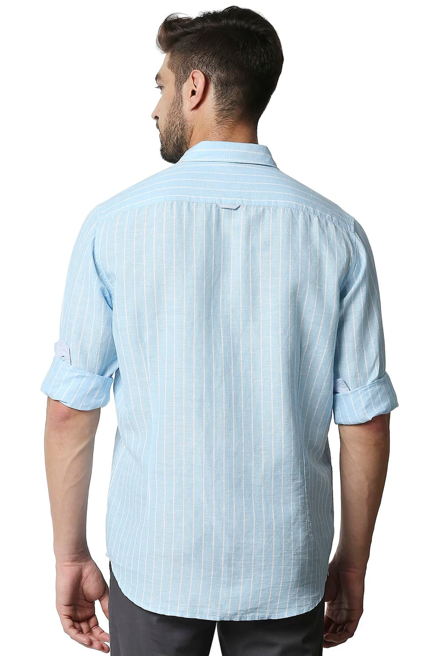 BASICS SLIM FIT AQUAMARINE BLUE COTTON LINEN STRIPE SHIRT