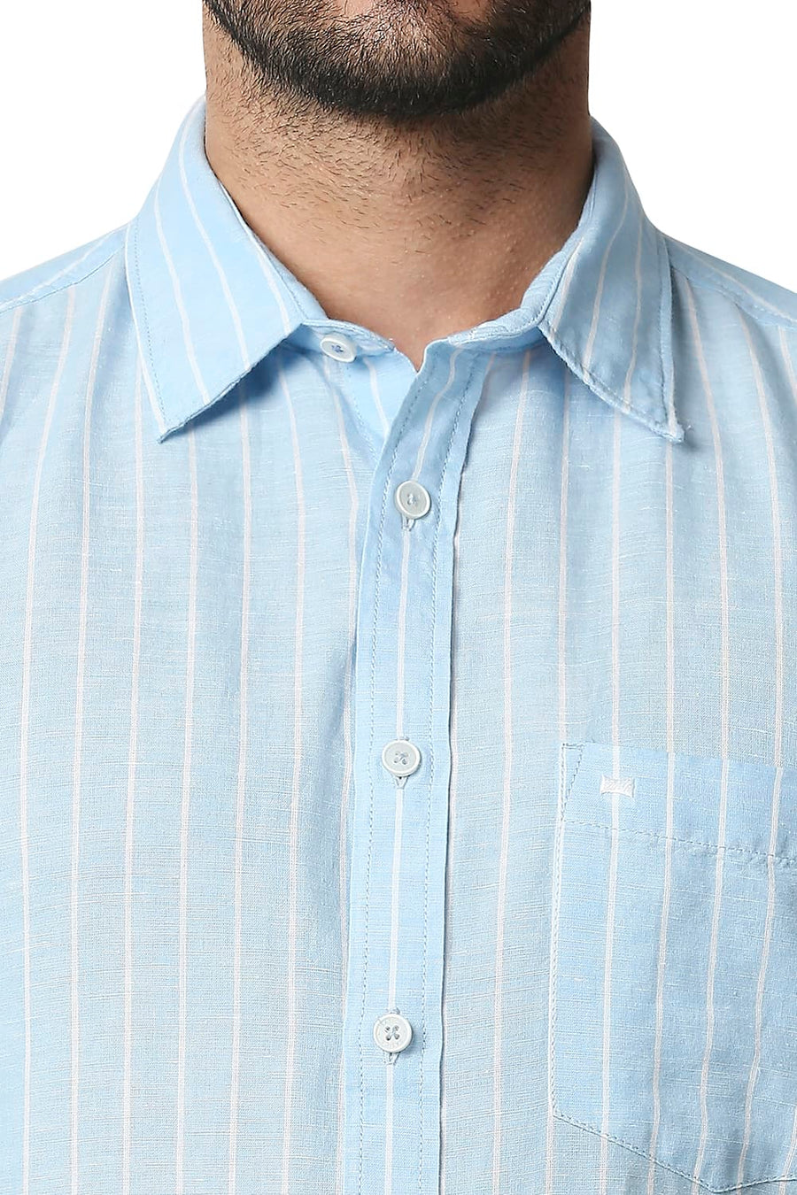 BASICS SLIM FIT AQUAMARINE BLUE COTTON LINEN STRIPE SHIRT