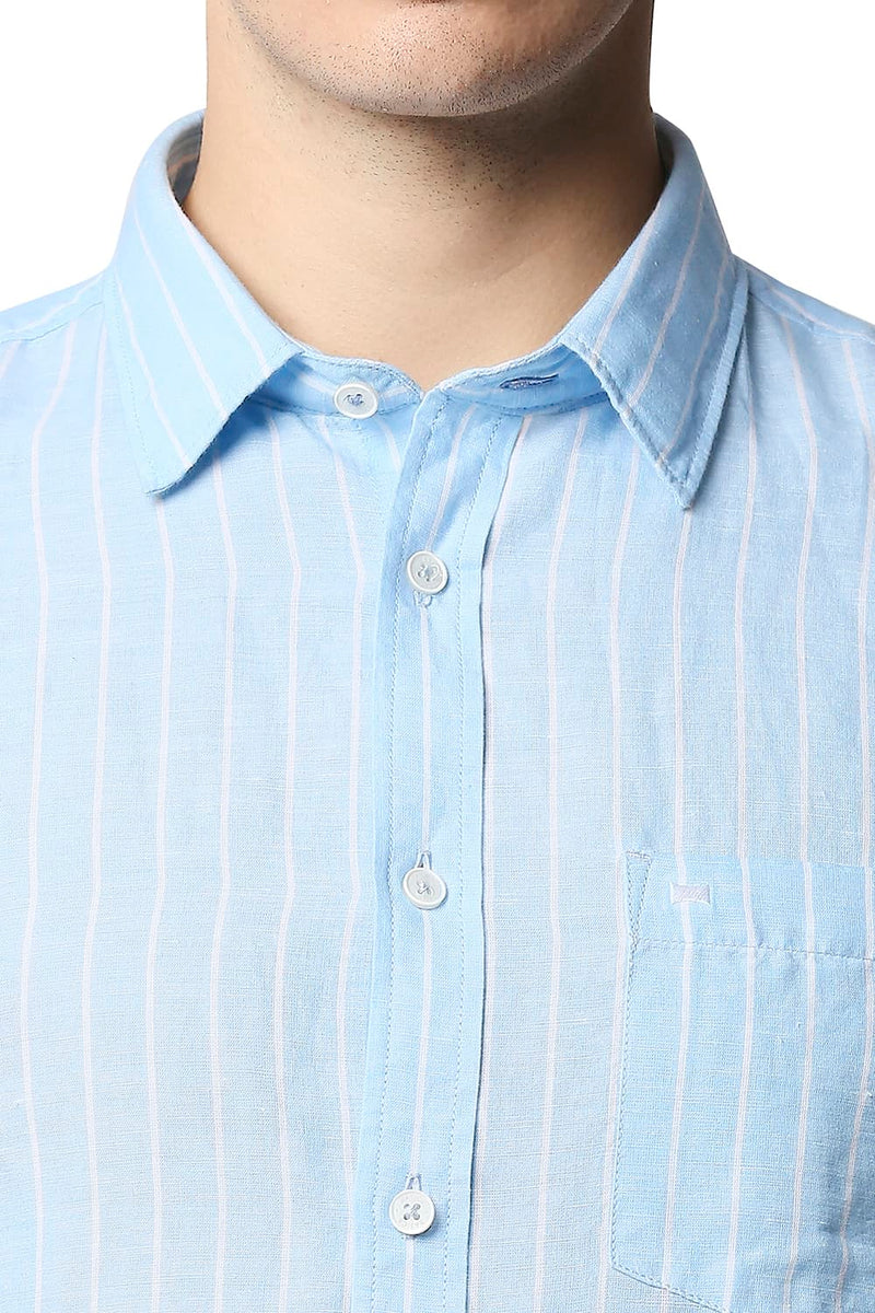 BASICS SLIM FIT COTTON LINEN STRIPE HALFSLEEVES SHIRT