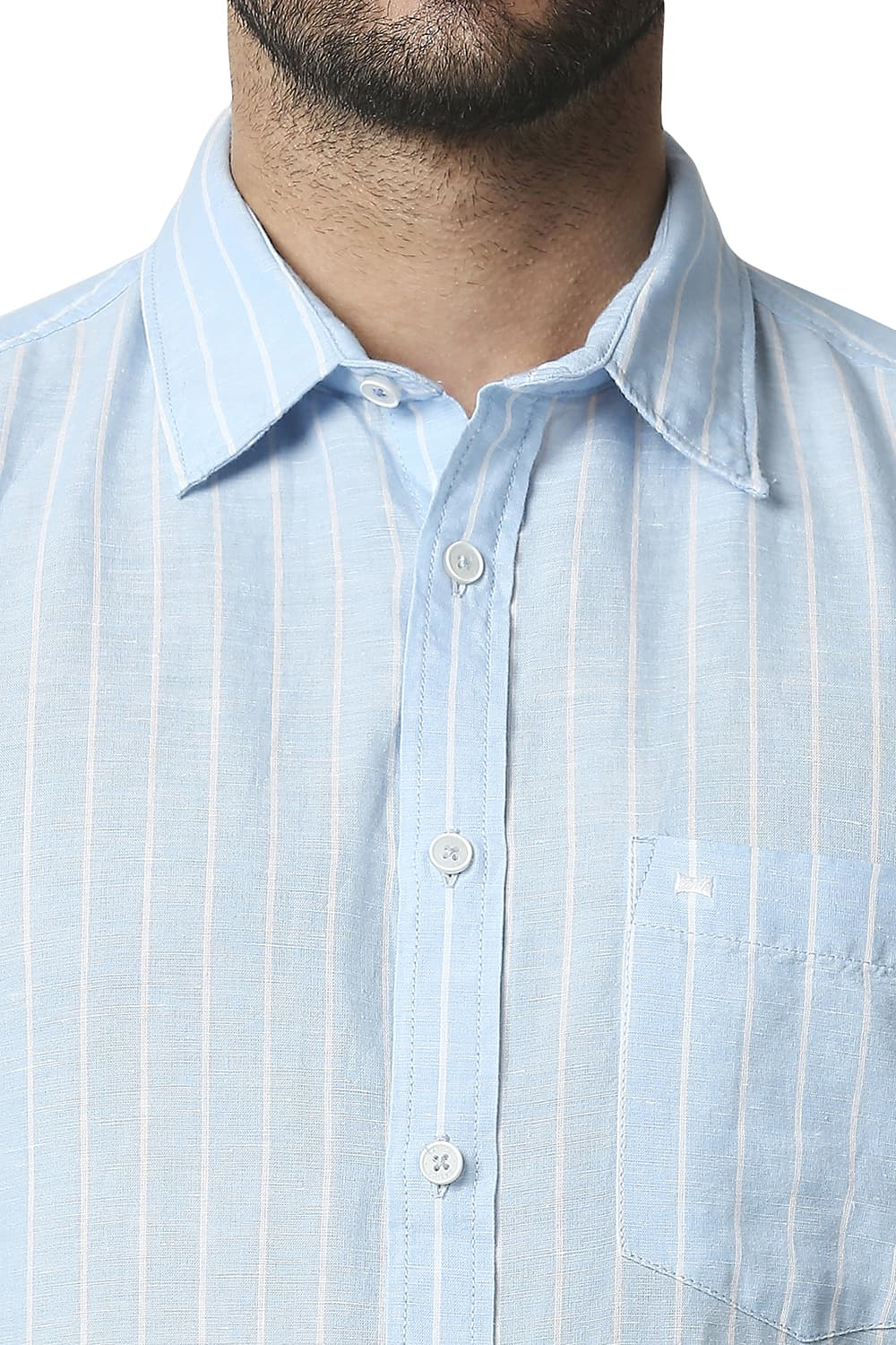 BASICS SLIM FIT COTTON LINEN STRIPE SHIRT