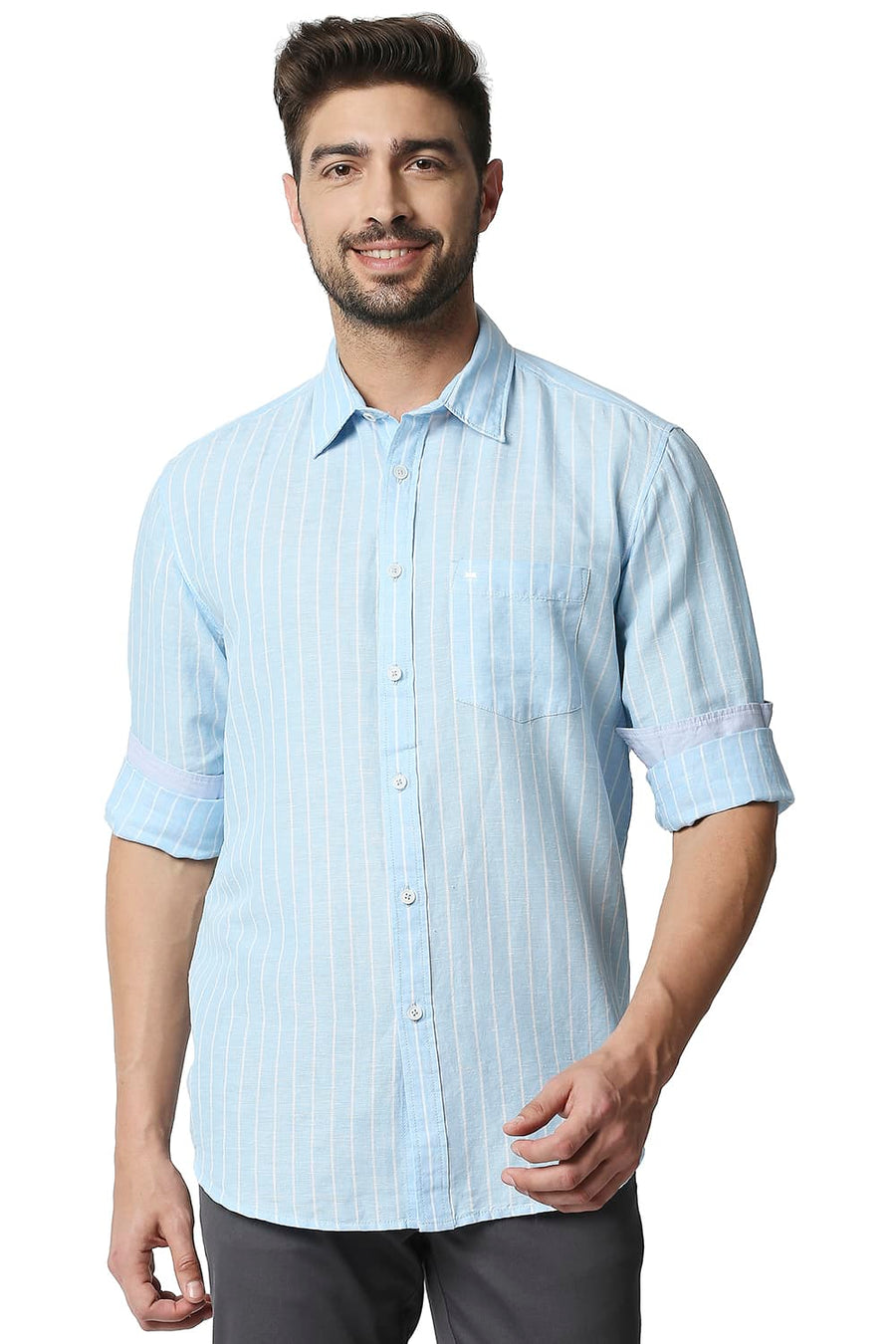 BASICS SLIM FIT AQUAMARINE BLUE COTTON LINEN STRIPE SHIRT