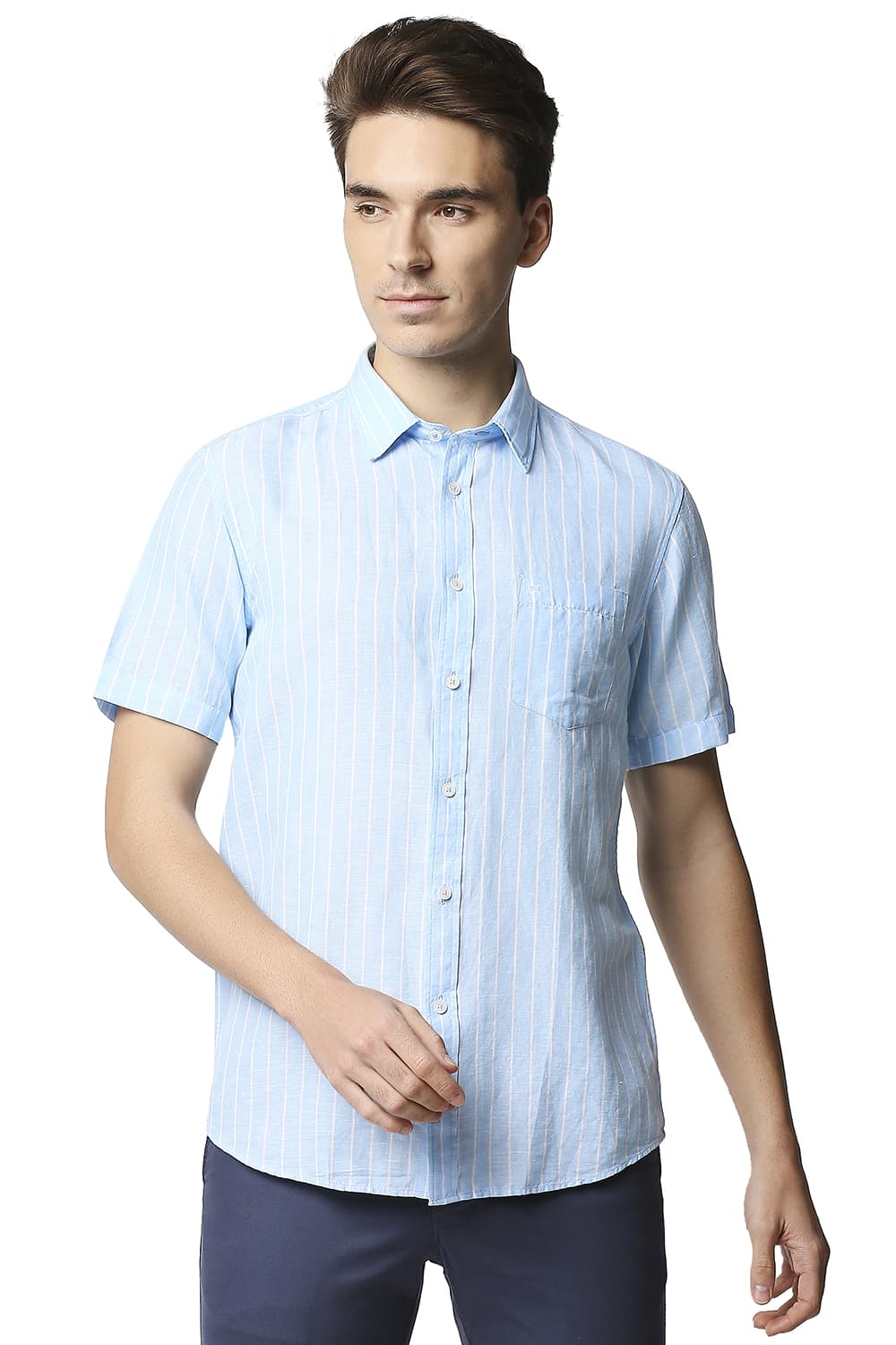 BASICS SLIM FIT COTTON LINEN STRIPE HALFSLEEVES SHIRT