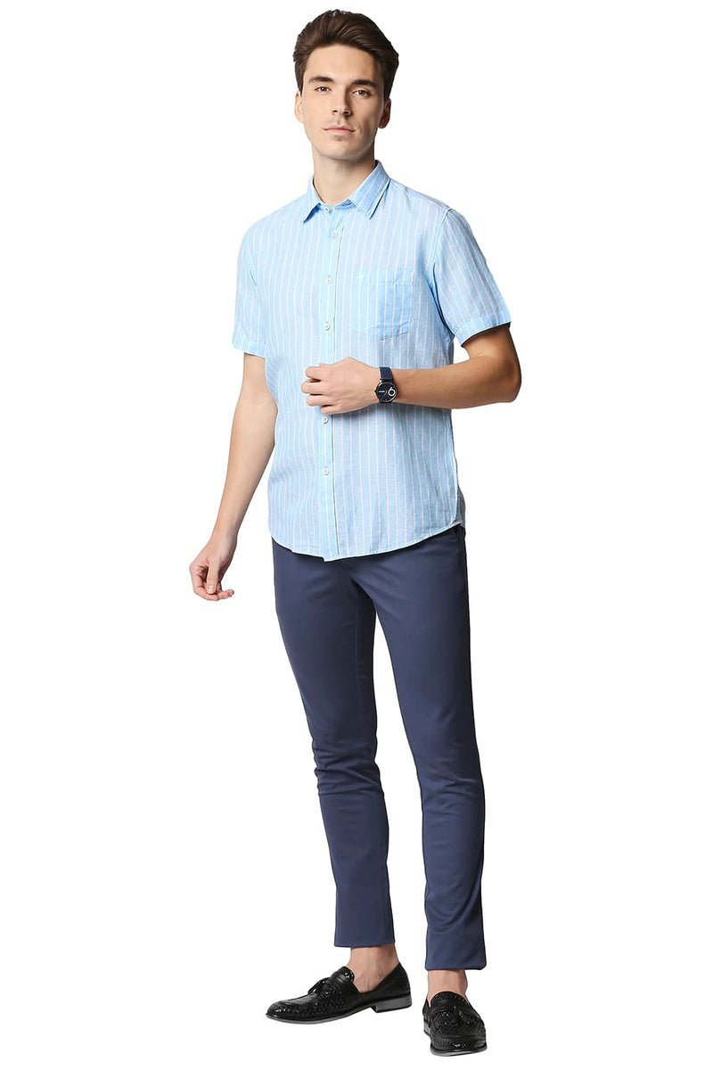 BASICS SLIM FIT COTTON LINEN STRIPE HALFSLEEVES SHIRT