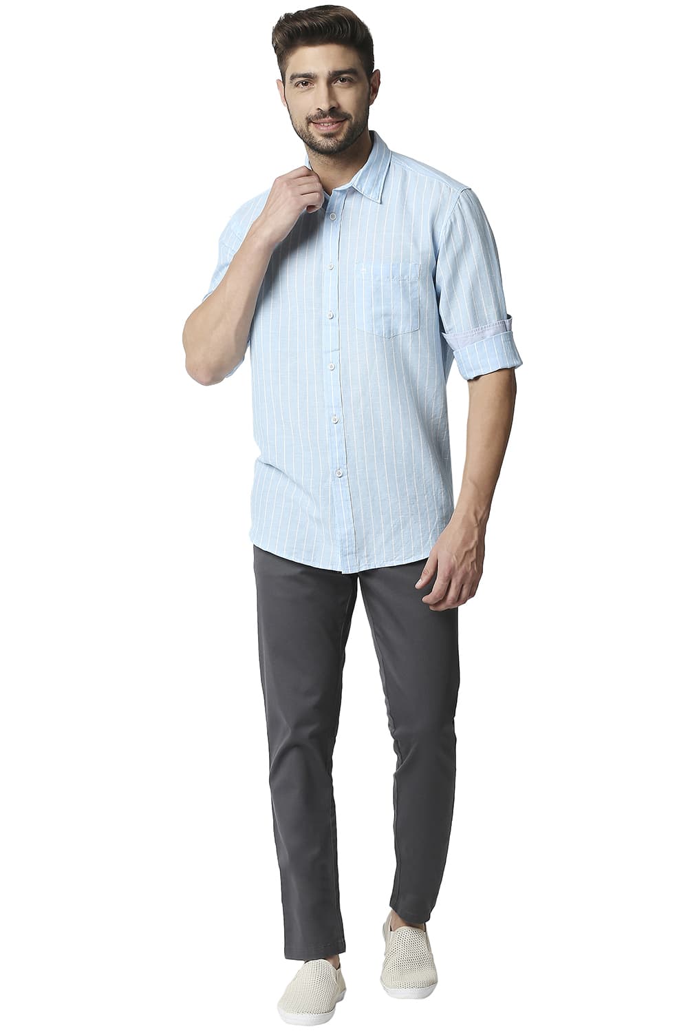 BASICS SLIM FIT COTTON LINEN STRIPE SHIRT