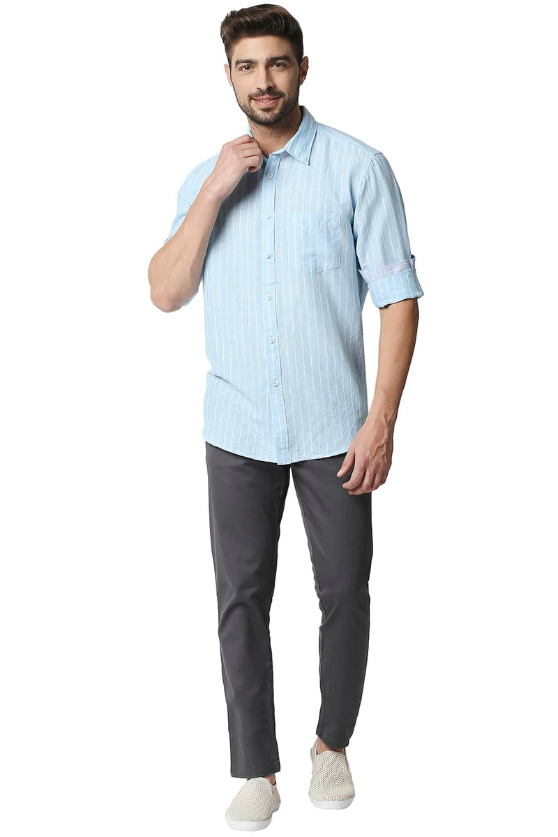 BASICS SLIM FIT COTTON LINEN STRIPE SHIRT