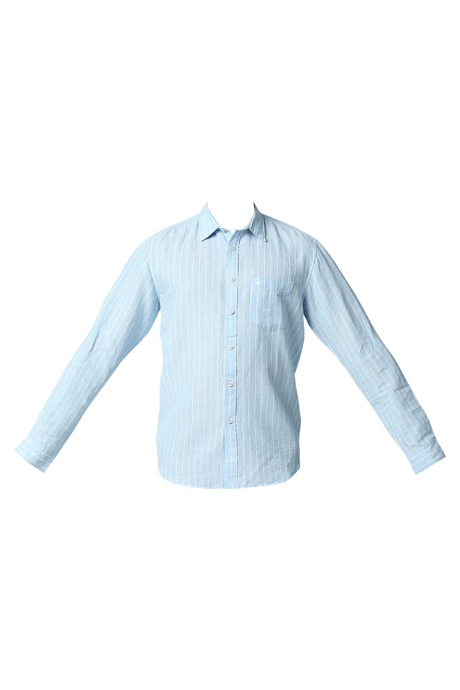 BASICS SLIM FIT AQUAMARINE BLUE COTTON LINEN STRIPE SHIRT