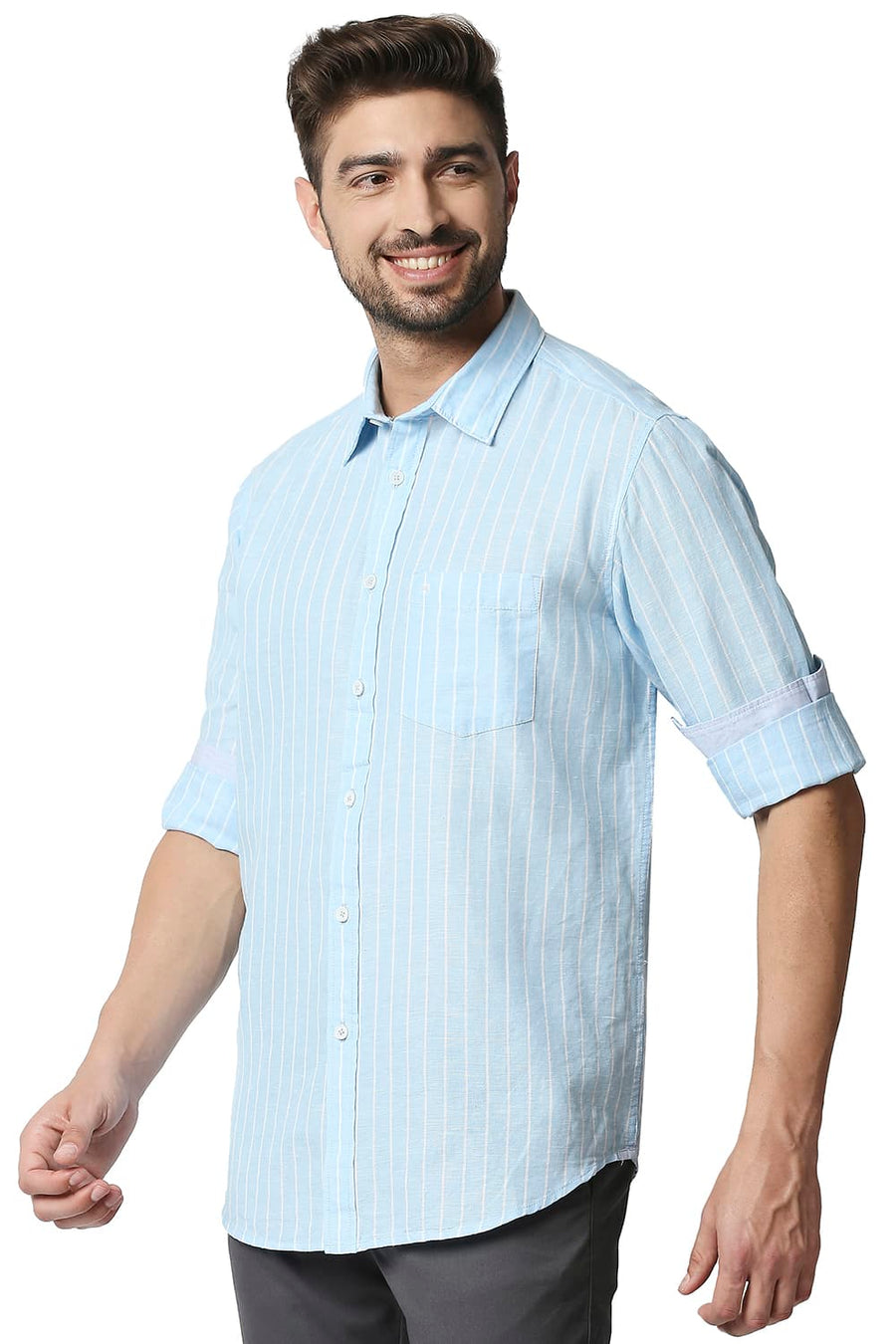 BASICS SLIM FIT AQUAMARINE BLUE COTTON LINEN STRIPE SHIRT