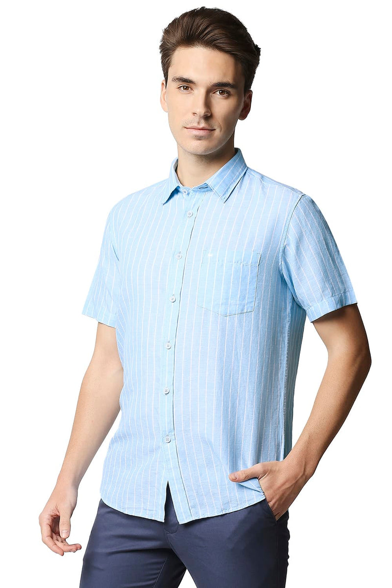 BASICS SLIM FIT COTTON LINEN STRIPE HALFSLEEVES SHIRT