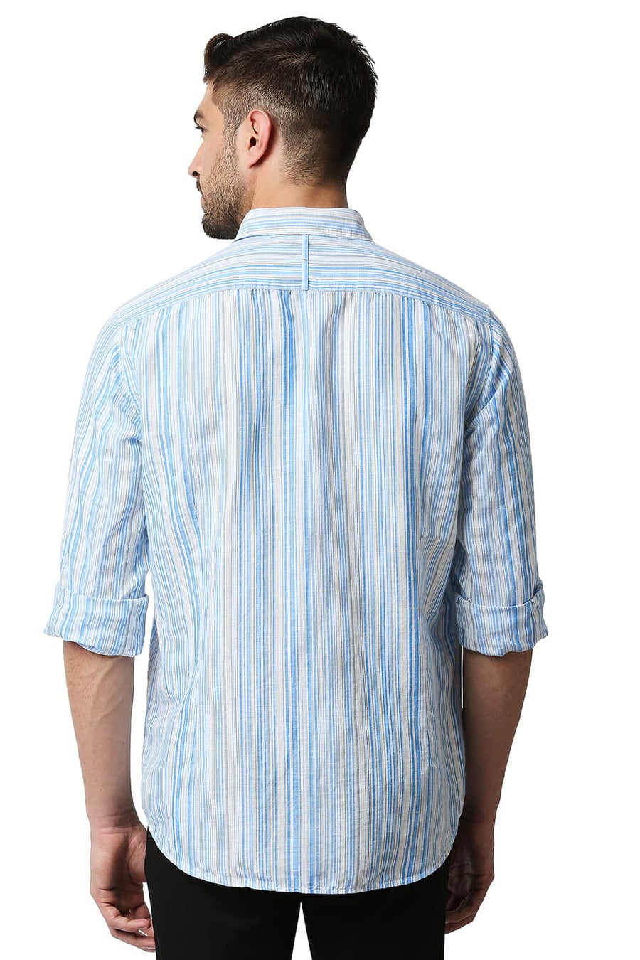 BASICS SLIM FIT SWEDISH BLUE COTTON LINEN STRIPE SHIRT