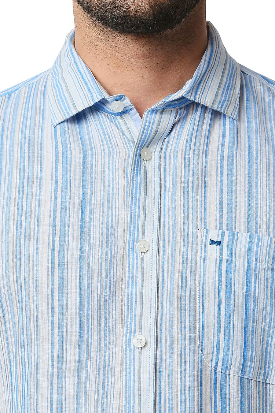 BASICS SLIM FIT SWEDISH BLUE COTTON LINEN STRIPE SHIRT