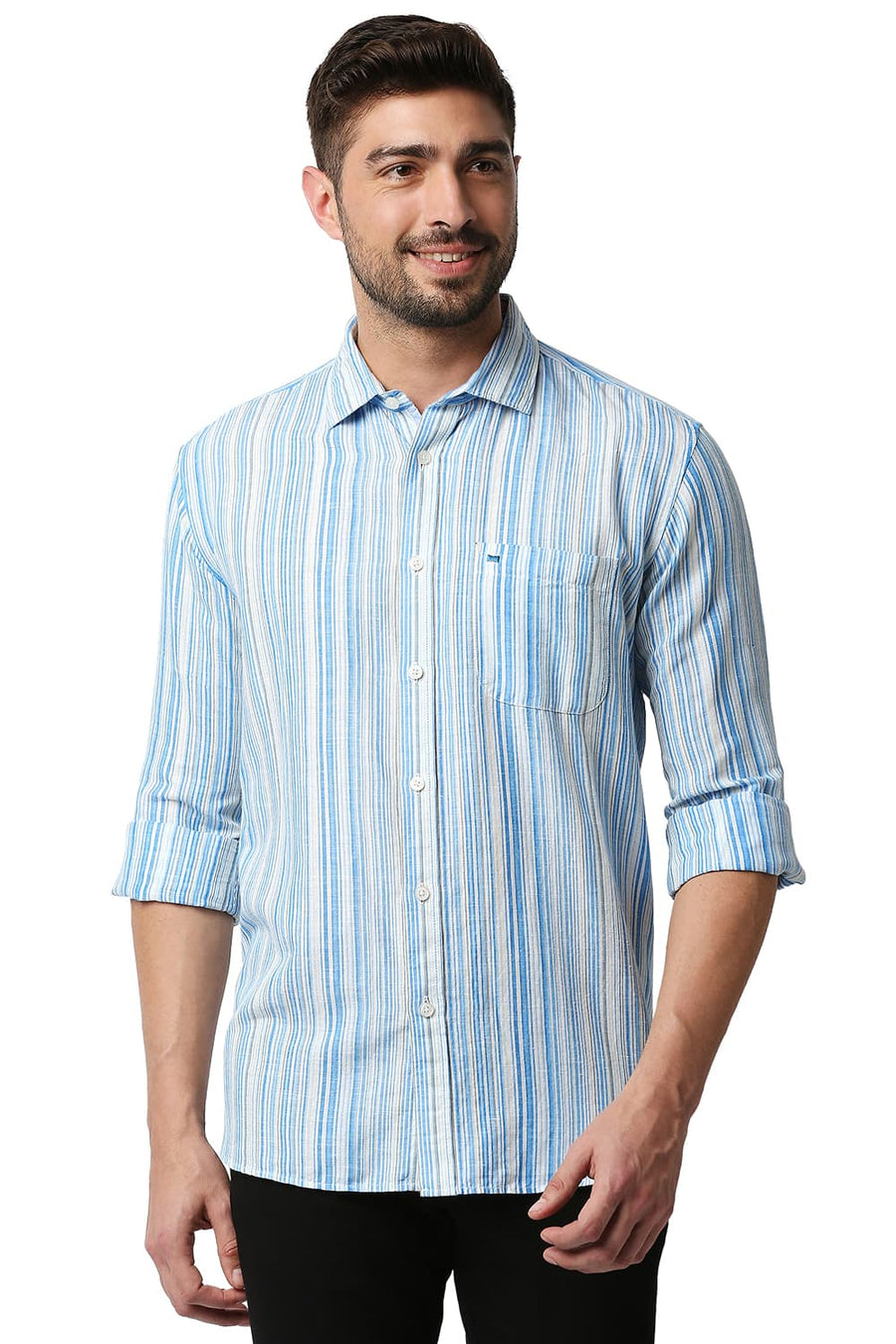 BASICS SLIM FIT SWEDISH BLUE COTTON LINEN STRIPE SHIRT
