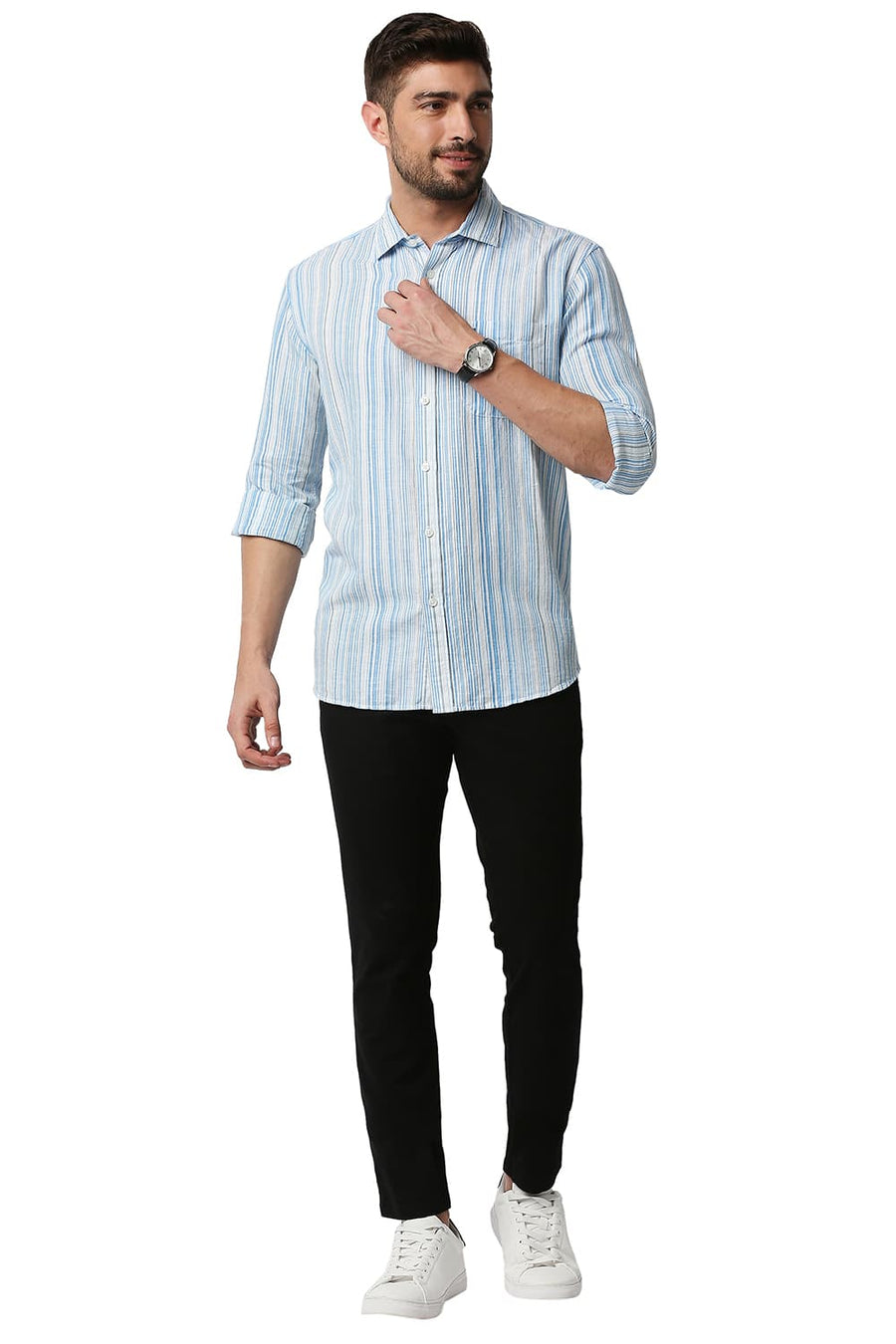BASICS SLIM FIT SWEDISH BLUE COTTON LINEN STRIPE SHIRT