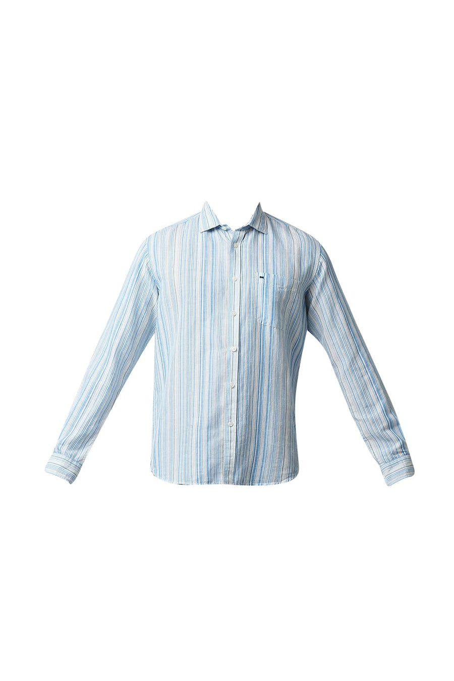 BASICS SLIM FIT SWEDISH BLUE COTTON LINEN STRIPE SHIRT