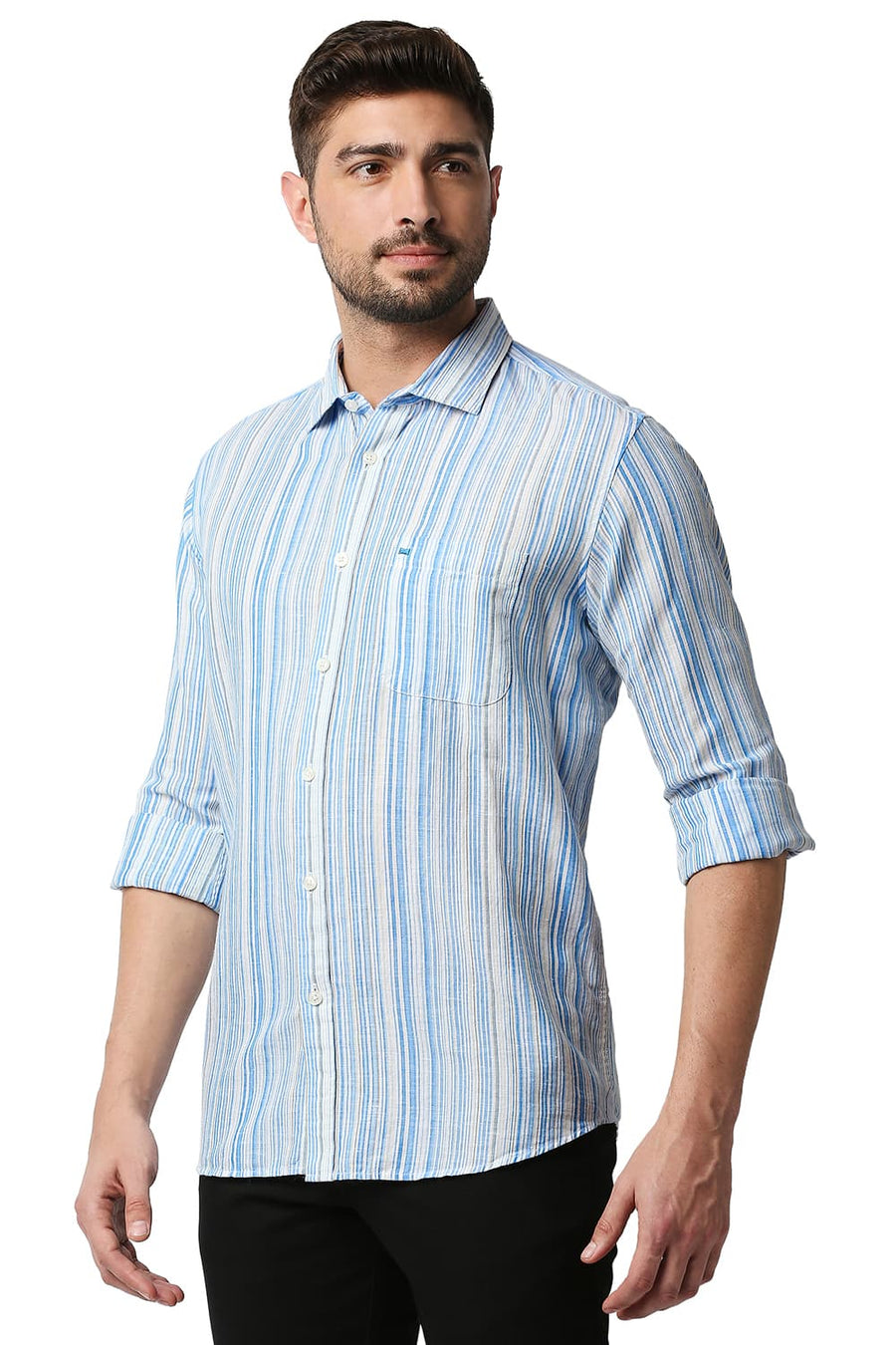 BASICS SLIM FIT SWEDISH BLUE COTTON LINEN STRIPE SHIRT