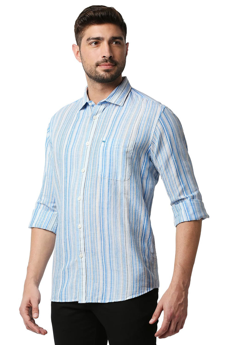 BASICS SLIM FIT COTTON LINEN STRIPE SHIRT