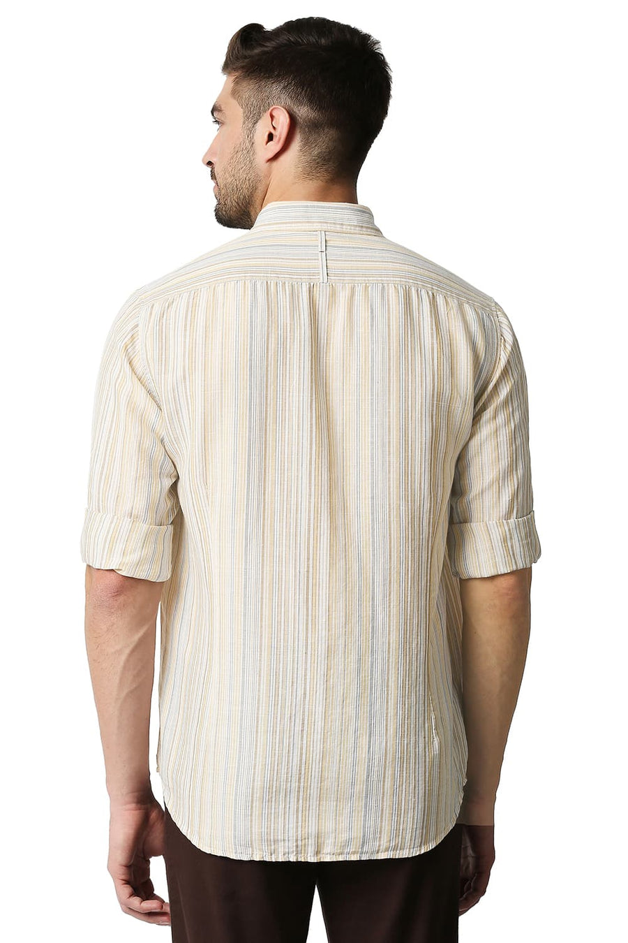 BASICS SLIM FIT WINTER BEIGE COTTON LINEN STRIPE SHIRT