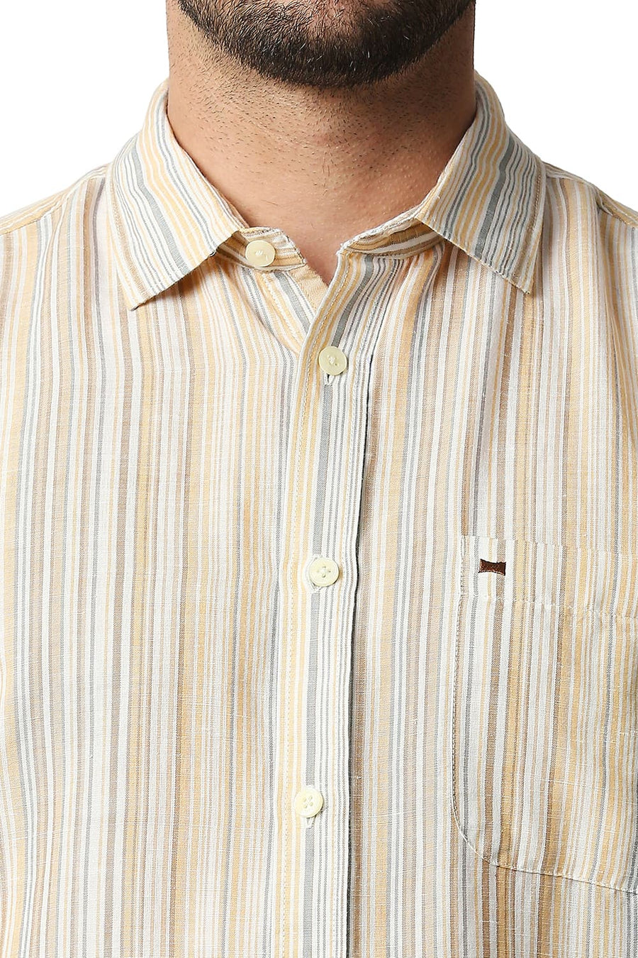 BASICS SLIM FIT WINTER BEIGE COTTON LINEN STRIPE SHIRT