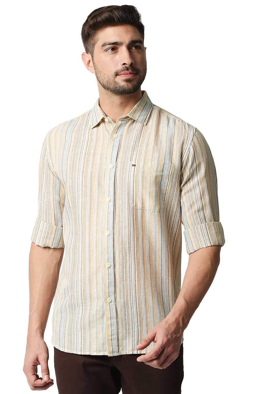 BASICS SLIM FIT WINTER BEIGE COTTON LINEN STRIPE SHIRT
