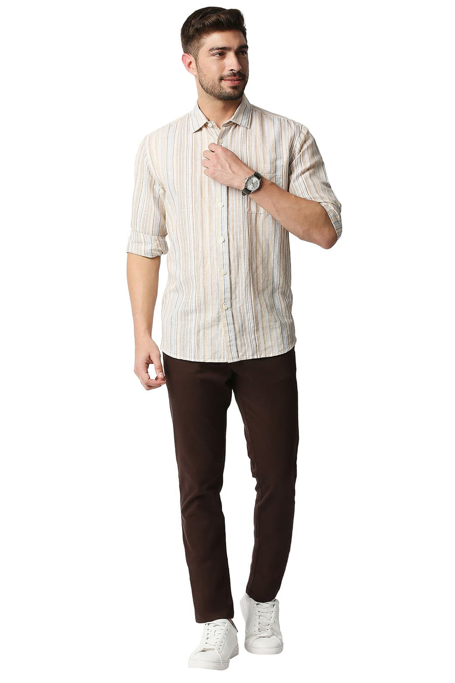 BASICS SLIM FIT WINTER BEIGE COTTON LINEN STRIPE SHIRT