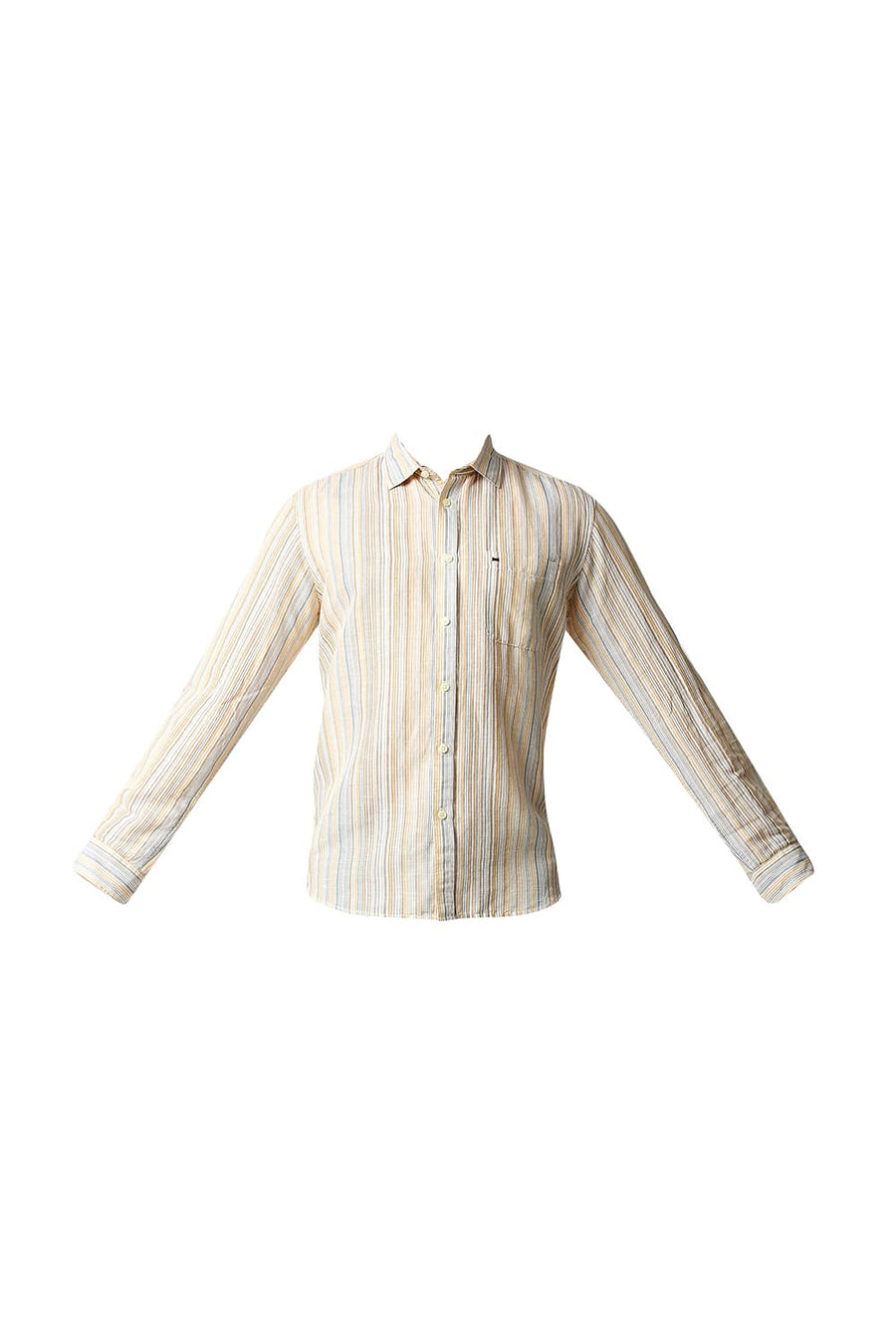 BASICS SLIM FIT WINTER BEIGE COTTON LINEN STRIPE SHIRT