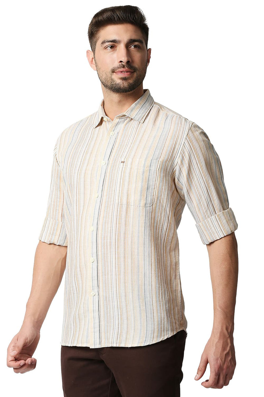 BASICS SLIM FIT WINTER BEIGE COTTON LINEN STRIPE SHIRT