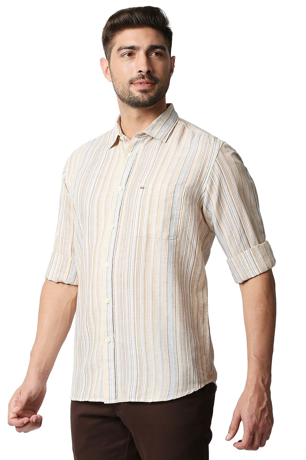 BASICS SLIM FIT COTTON LINEN STRIPE SHIRT